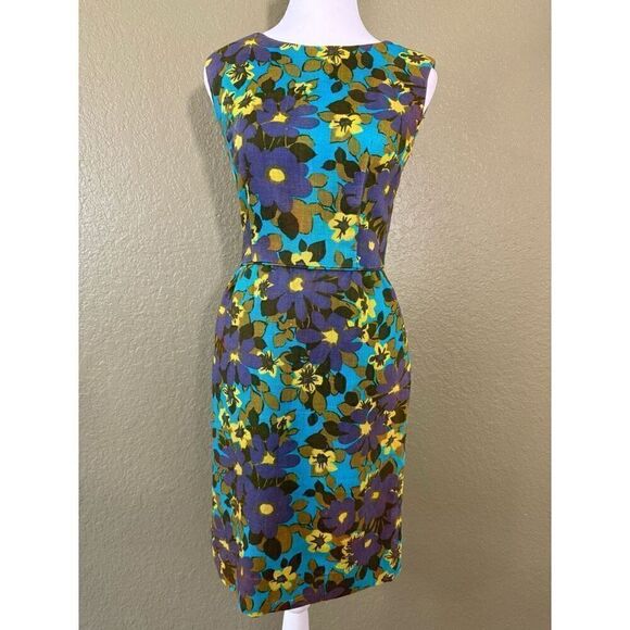 Vintage Handmade Women's XS Sleeveless Sheath Dress Blue Purple Retro Floral - Picture 1 of 8